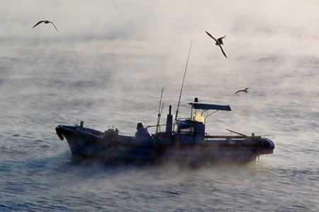 久礼湾堤防からの朝霧と漁船